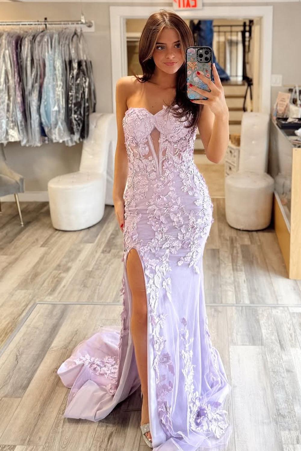 Stunning Mermaid Style Lilac Gown With Embroidery And Front Slit Prom Dress Formal Evening Gown