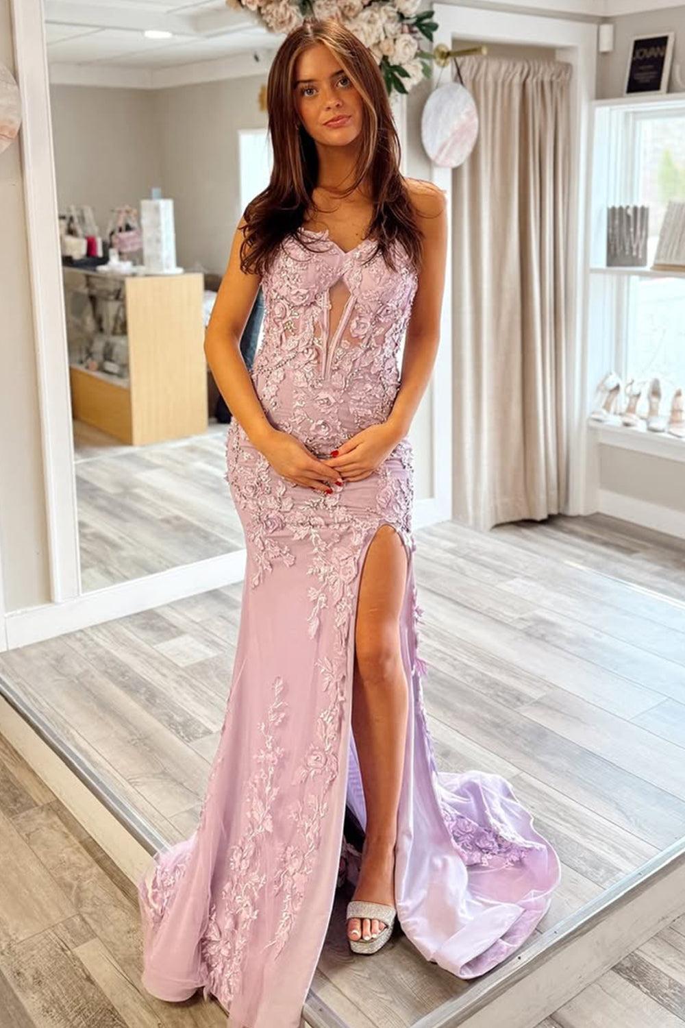Stunning Mermaid Style Lilac Gown With Embroidery And Front Slit Prom Dress Formal Evening Gown