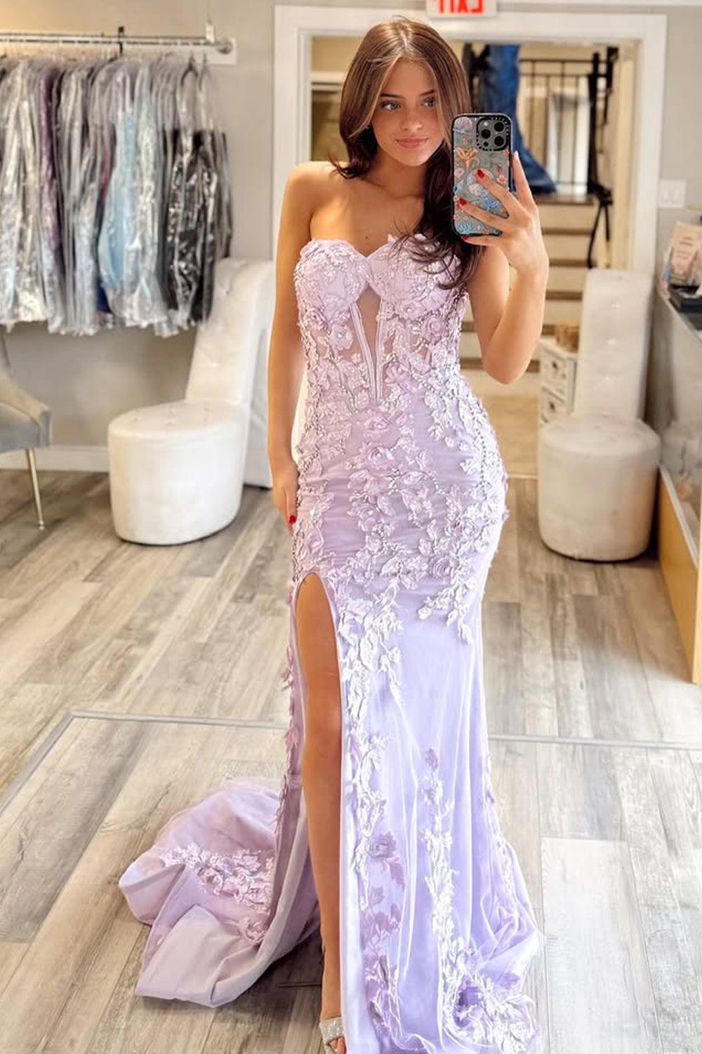 Stunning Mermaid Style Lilac Gown With Embroidery And Front Slit Prom Dress Formal Evening Gown