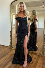 Stunning Sequin Black Off-Shoulder Prom Dress With High-Slit For A Bold Look Formal Evening Gown