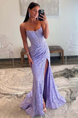 Dreamyannie Mermaid Lilac Prom Dress Strapless Corset Formal Dress With Appliques