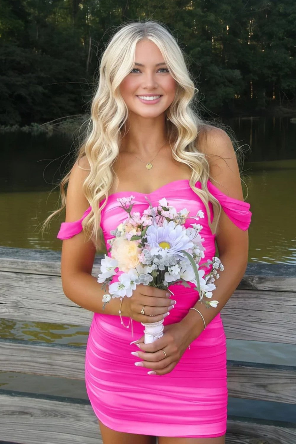 Stylish Sheath Off the Shoulder Pink Short Homecoming Dress with Ruched