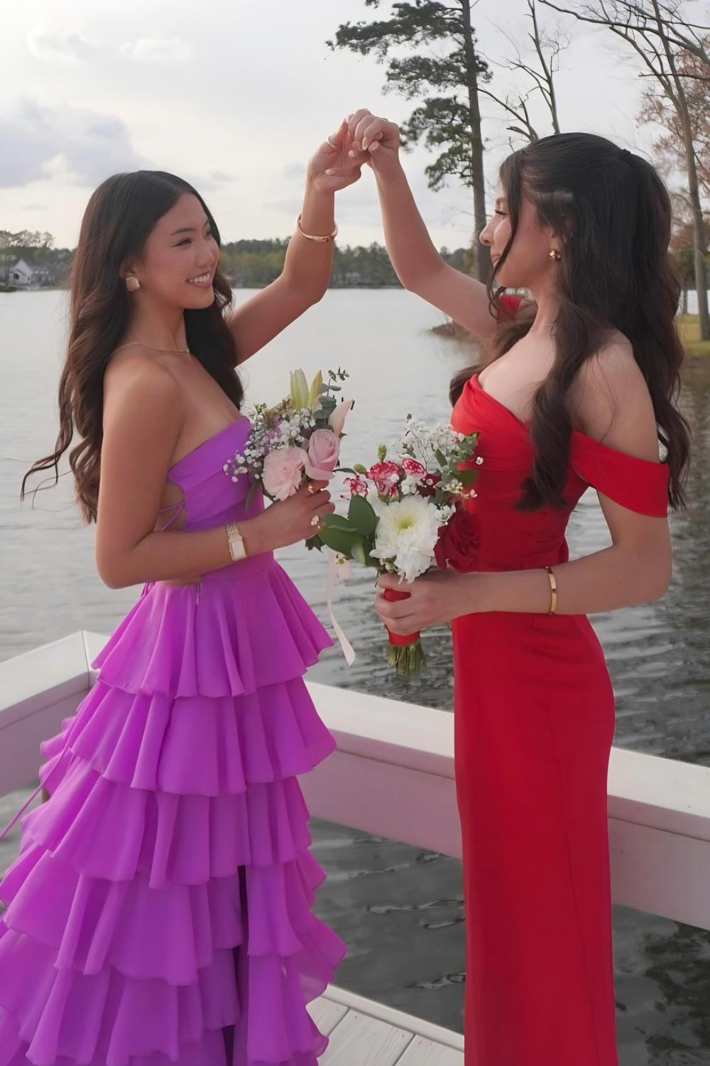 Stylish A Line Strapless Purple Long Prom Dress With Ruffles Split Front Formal Evening Gown