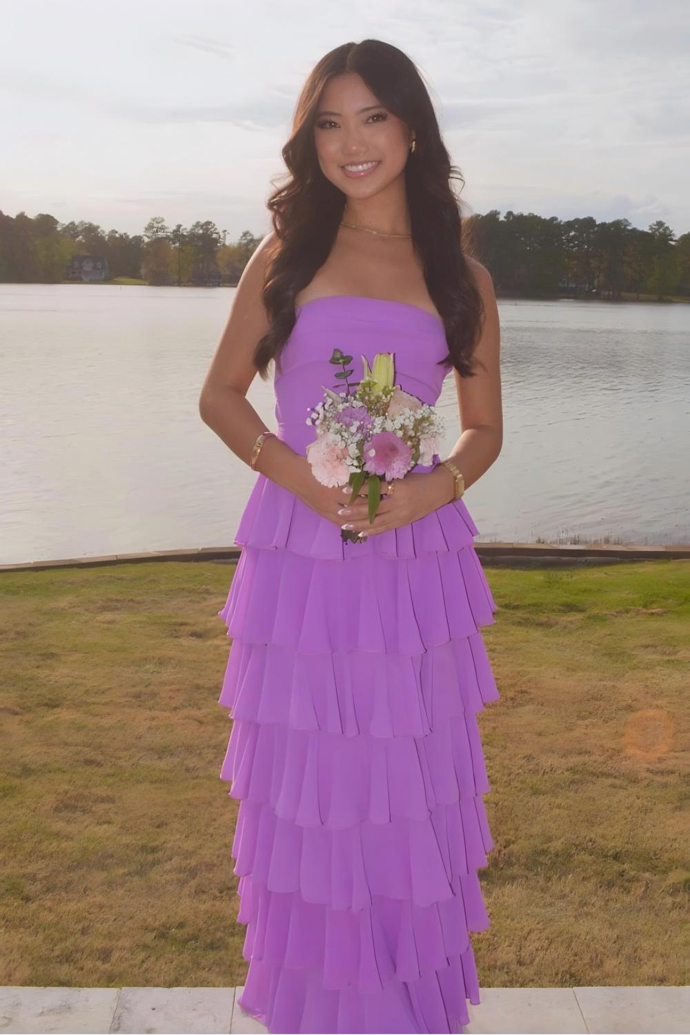 Stylish A Line Strapless Purple Long Prom Dress With Ruffles Split Front Formal Evening Gown