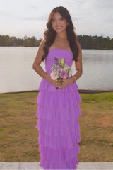 Stylish A Line Strapless Purple Long Prom Dress With Ruffles Split Front Formal Evening Gown