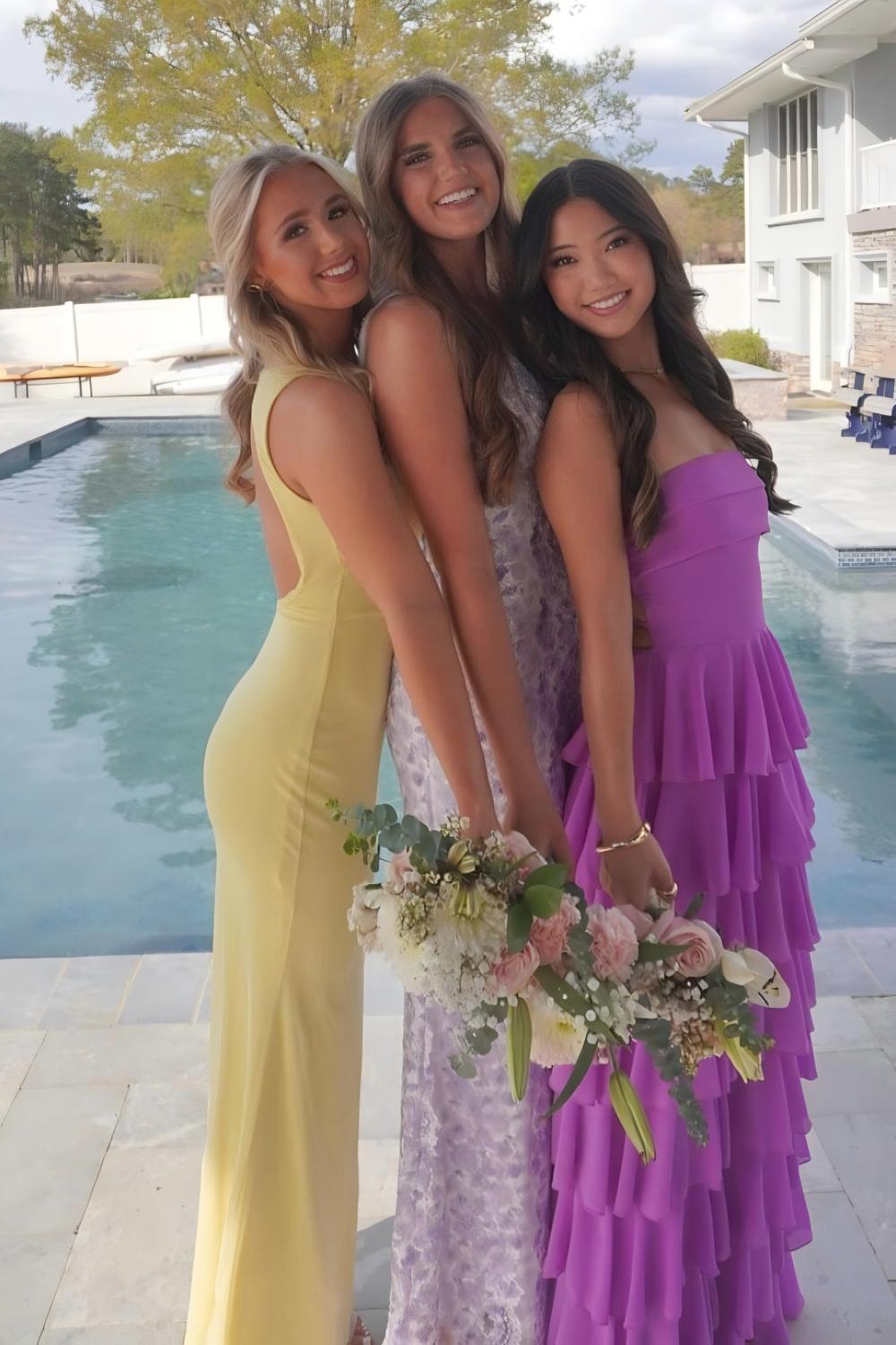 Stylish A Line Strapless Purple Long Prom Dress With Ruffles Split Front Formal Evening Gown