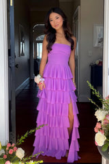 Stylish A Line Strapless Purple Long Prom Dress With Ruffles Split Front Formal Evening Gown