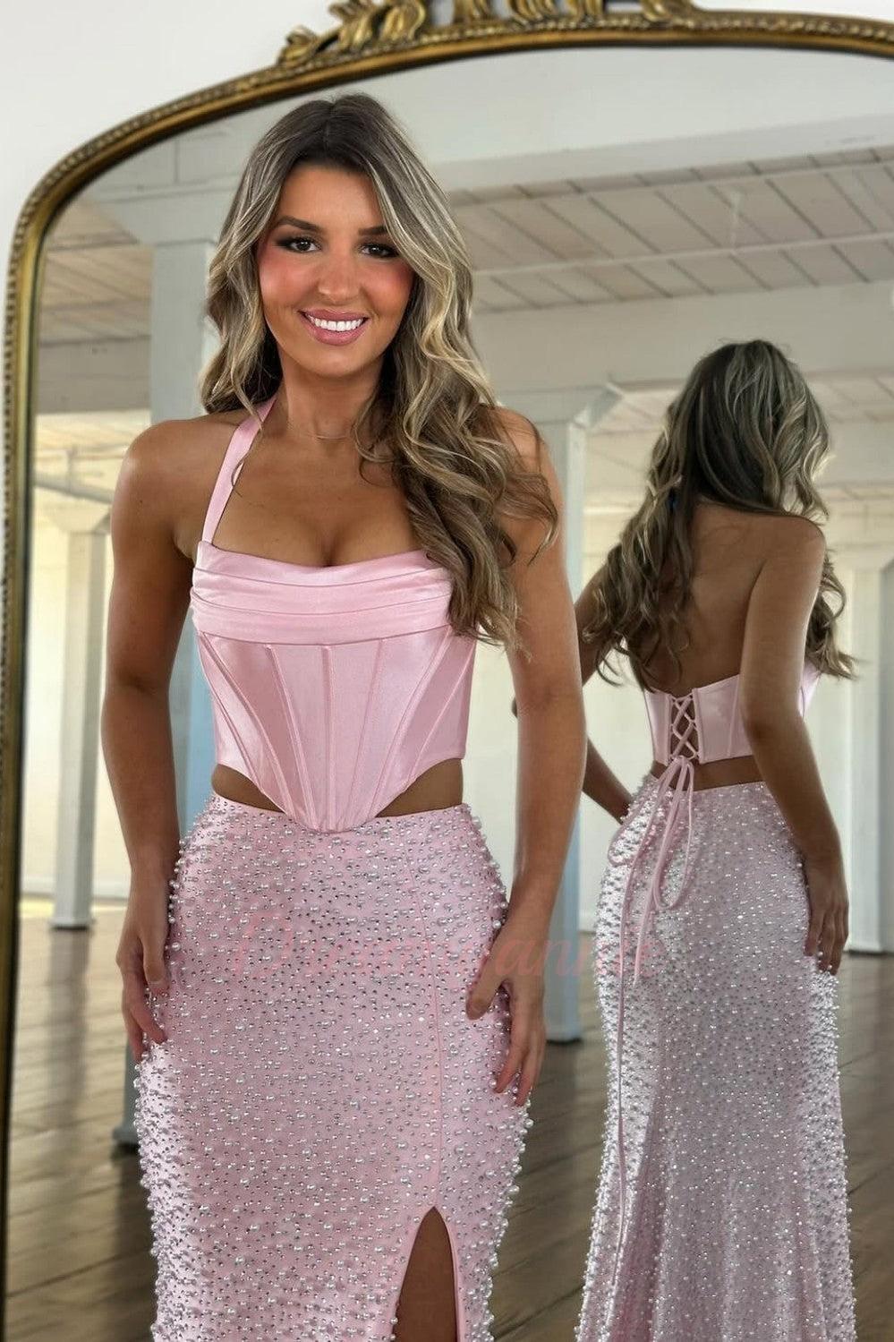 Stylish Blush Pink Halter Satin Top Two Piece Mermaid Prom Dress With Pearls Formal Evening Gown