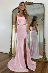 Stylish Blush Pink Halter Satin Top Two Piece Mermaid Prom Dress With Pearls Formal Evening Gown