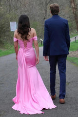 Stylish Mermaid Off The Shoulder Pink Long Prom Dress With Split Front Beading Formal Evening Gown