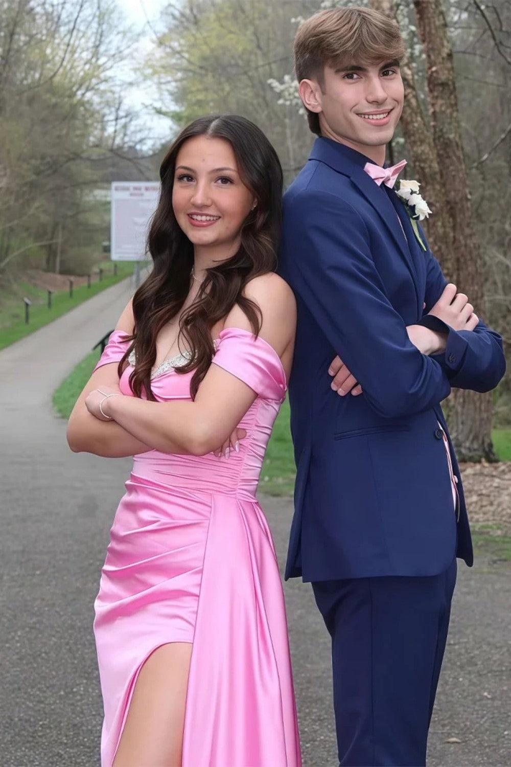 Stylish Mermaid Off The Shoulder Pink Long Prom Dress With Split Front Beading Formal Evening Gown