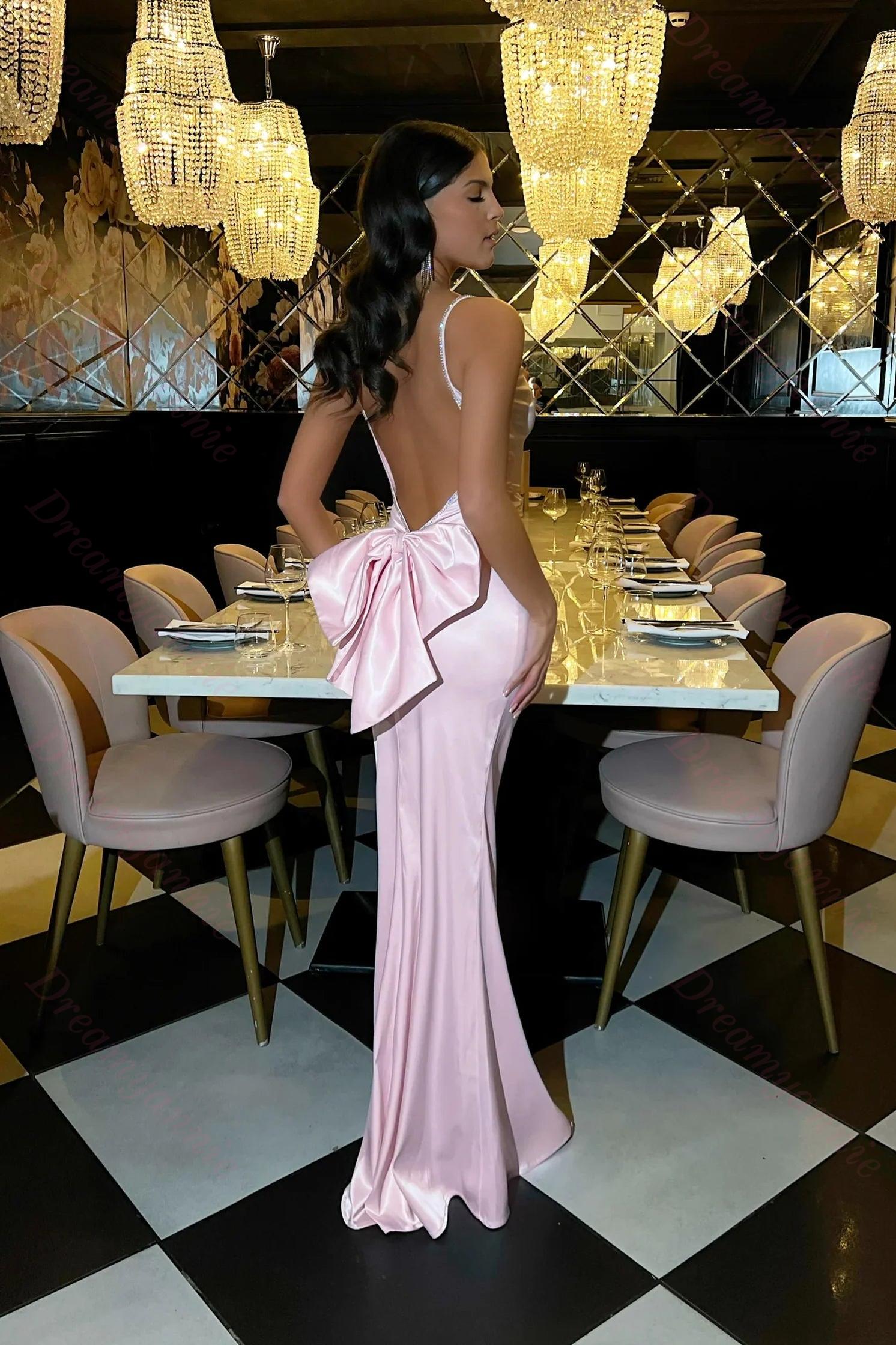 Stylish Mermaid Spaghetti Straps Pink Long Prom Dress With Bowknot Formal Evening Gown