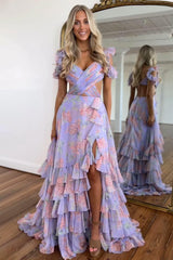 Stylish Purple Print A Line Off The Shoulder Long Layered Prom Dress With Slit Formal Evening Gown