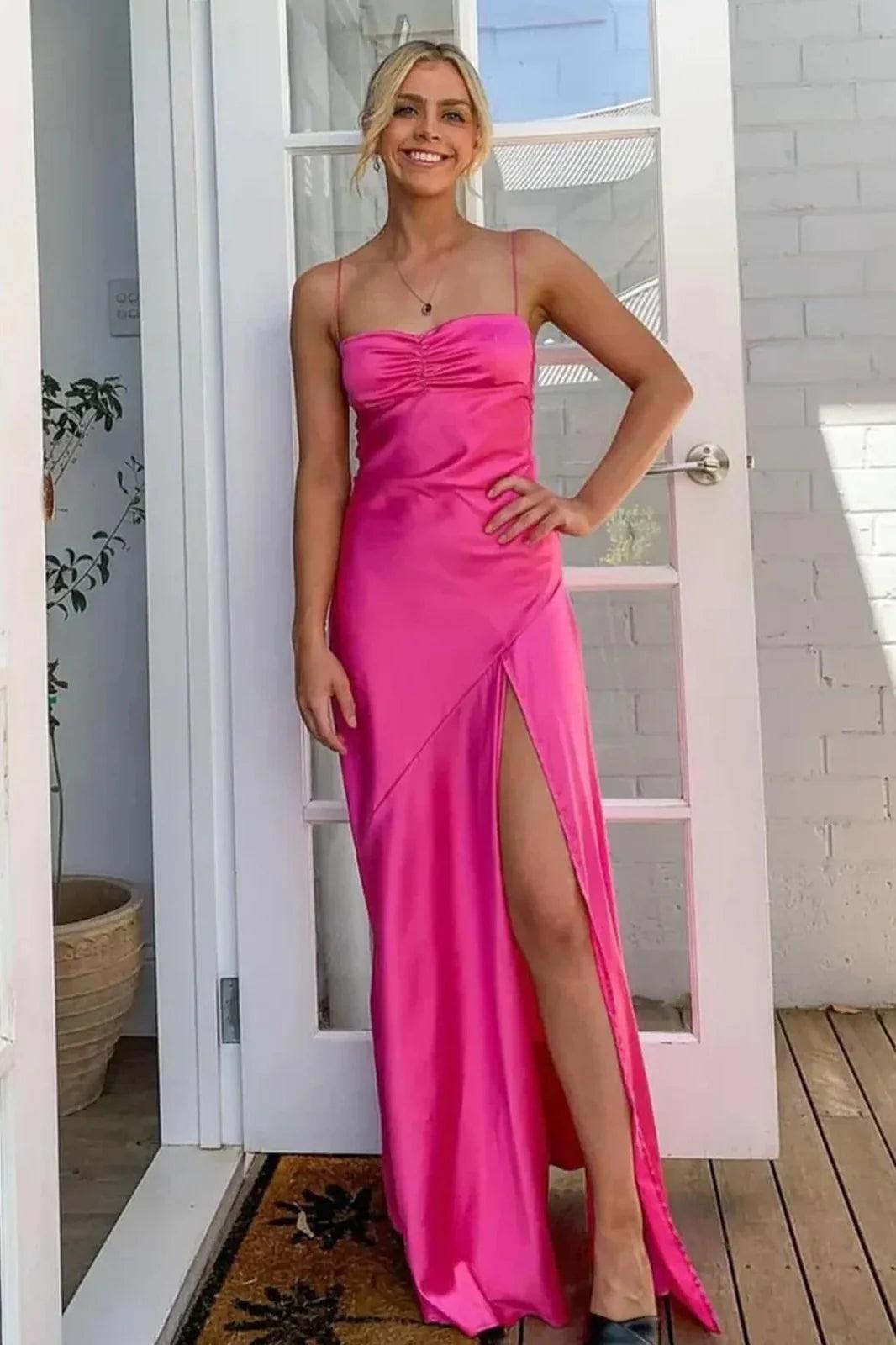 Stylish Sheath Spaghetti Straps Pink Party Dress With Criss Cross Back Formal Evening Gown