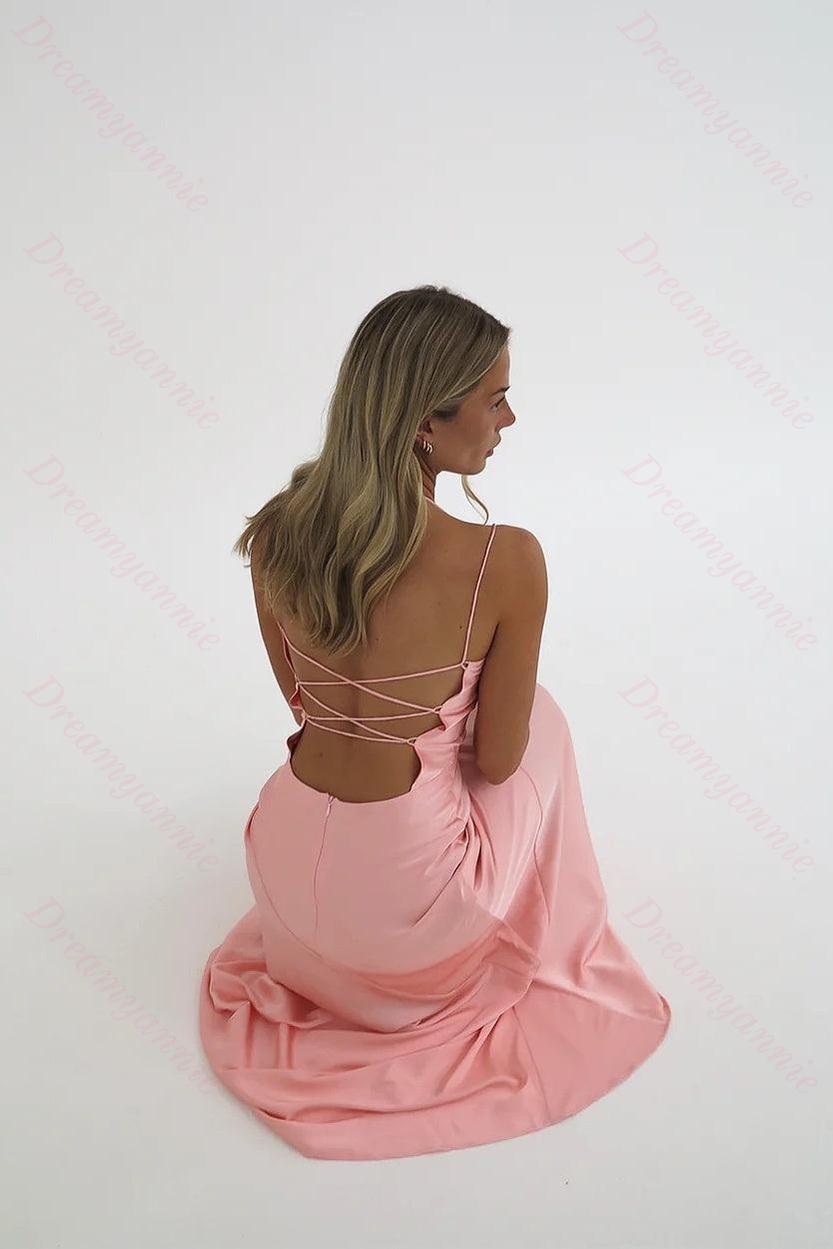Stylish Sheath Spaghetti Straps Pink Party Dress With Criss Cross Back Formal Evening Gown