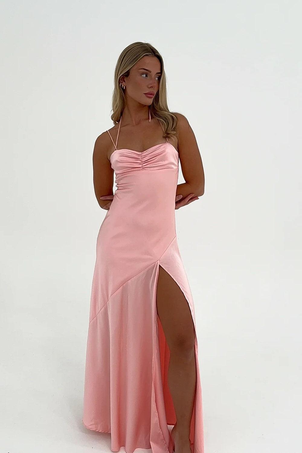 Stylish Sheath Spaghetti Straps Pink Party Dress With Criss Cross Back Formal Evening Gown