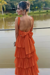 Sunset Orange Backless Tiered Ruffle Prom Dress With Oversized Bow Formal Evening Gown