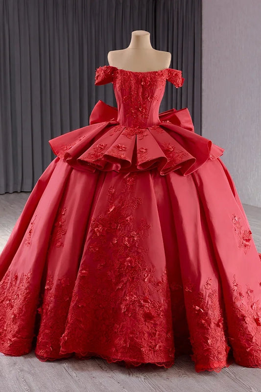 Surprise Price Red Quinceanera Dress Satin Floral Lace Applique Mexico Sweet 15 Ball Gown Dress