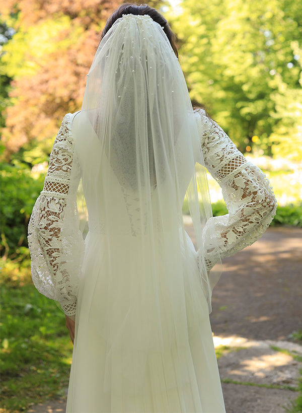 Sweep Train Chiffon/Lace Wedding Dress with A Line V Neck and Long Sleeves