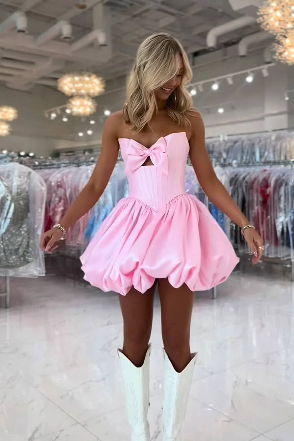 Sweetheart Ball Gown Homecoming Dress Corset Mini Cocktail Dress with Bowknot