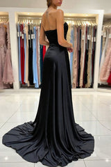 Sweetheart Black Prom Dress Satin Ruched Long Formal Dress With Slit