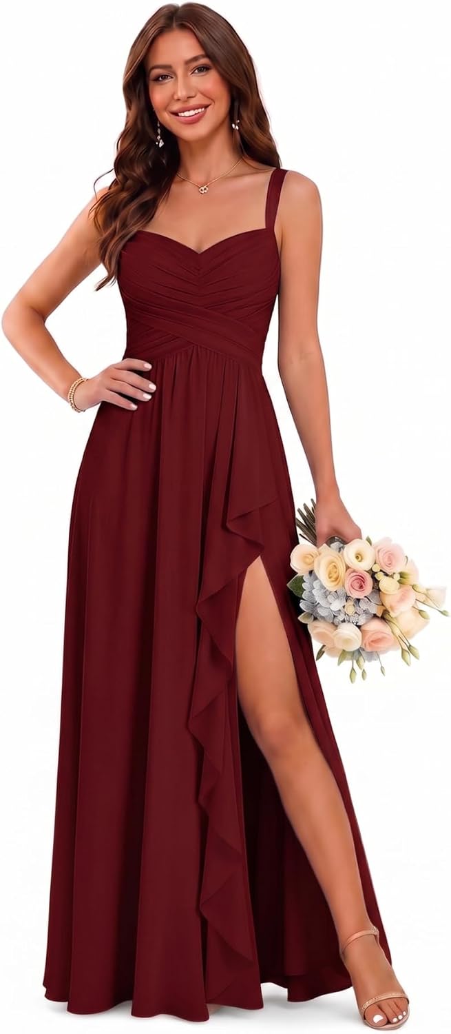 Sweetheart Chiffon Bridesmaid Dress with Pleated Bodice and Ruffle Slit