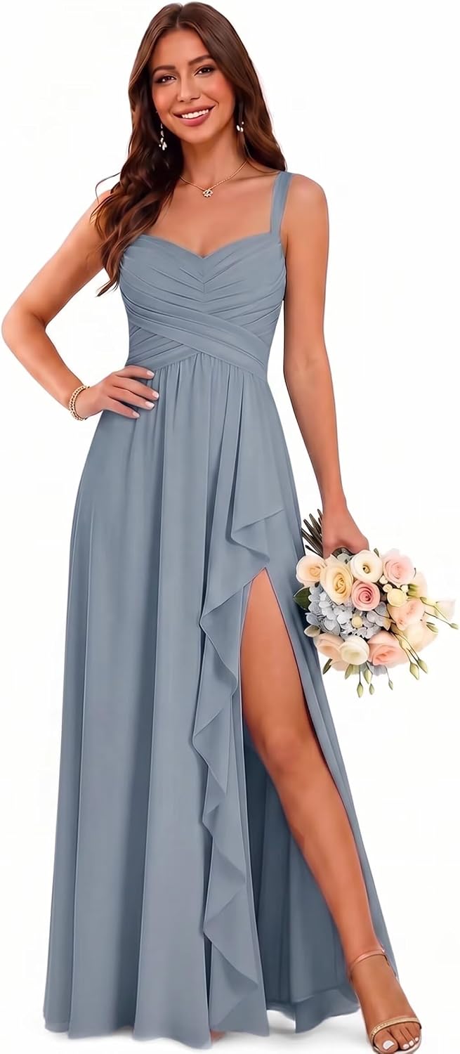 Sweetheart Chiffon Bridesmaid Dress with Pleated Bodice and Ruffle Slit