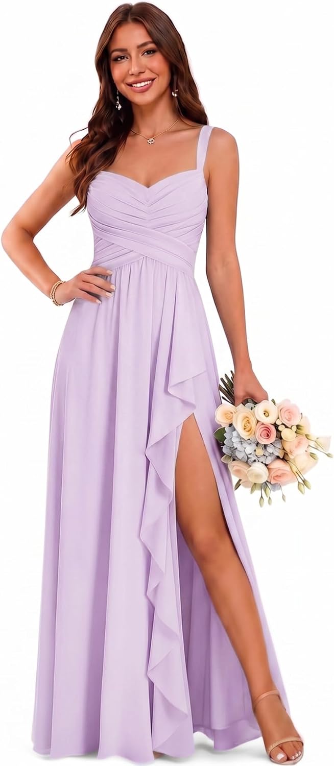 Sweetheart Chiffon Bridesmaid Dress with Pleated Bodice and Ruffle Slit
