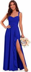 Sweetheart Chiffon Bridesmaid Dress with Pleated Bodice and Ruffle Slit