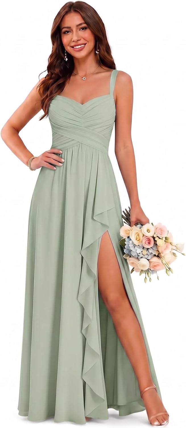 Sweetheart Chiffon Bridesmaid Dress with Pleated Bodice and Ruffle Slit
