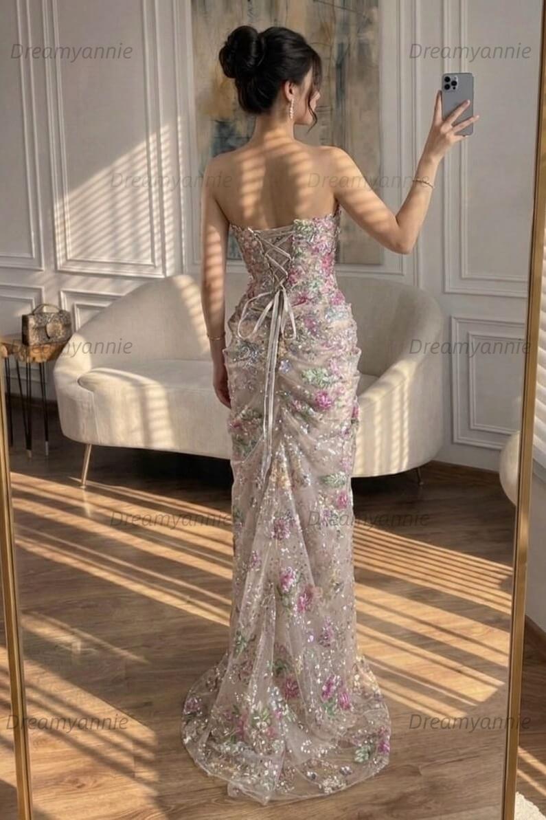 Sweetheart Floral Prom Dress Mermaid Tulle Lace Up Back Formal Gown