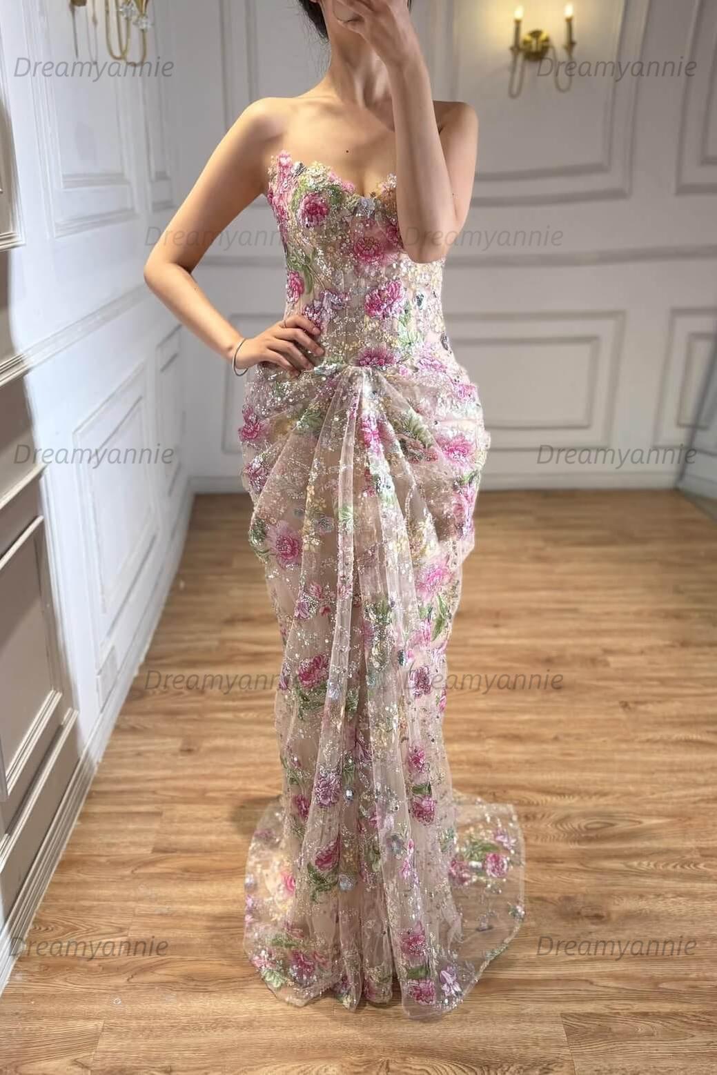 Sweetheart Floral Prom Dress Mermaid Tulle Lace Up Back Formal Gown