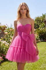 Sweetheart Fuchsia A Line Ruched Short Homecoming Dress with Bow