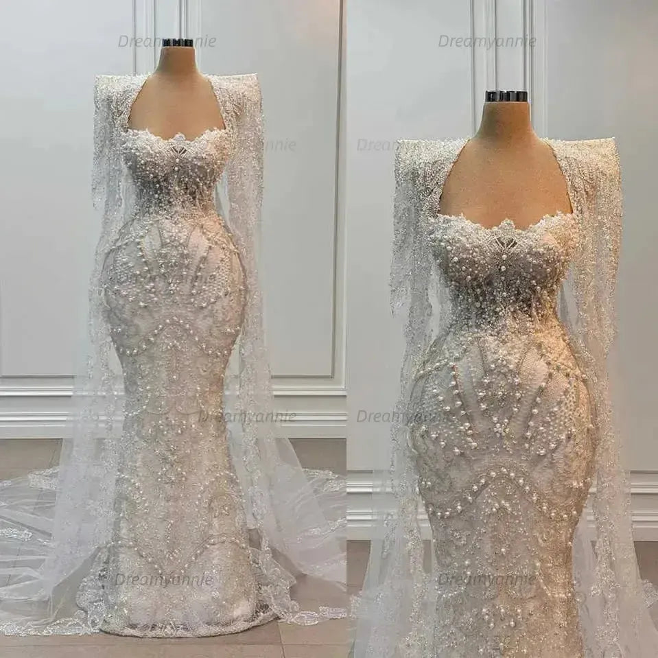 Sweetheart Ivory Mermaid Wedding Dress Beaded Floor Length Bridal Dress with Cape