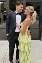 Sweetheart Light Green Layered Ruffle Evening Dress With Slit Formal Evening Gown