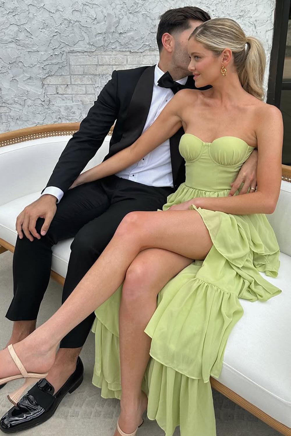 Sweetheart Light Green Layered Ruffle Evening Dress With Slit Formal Evening Gown