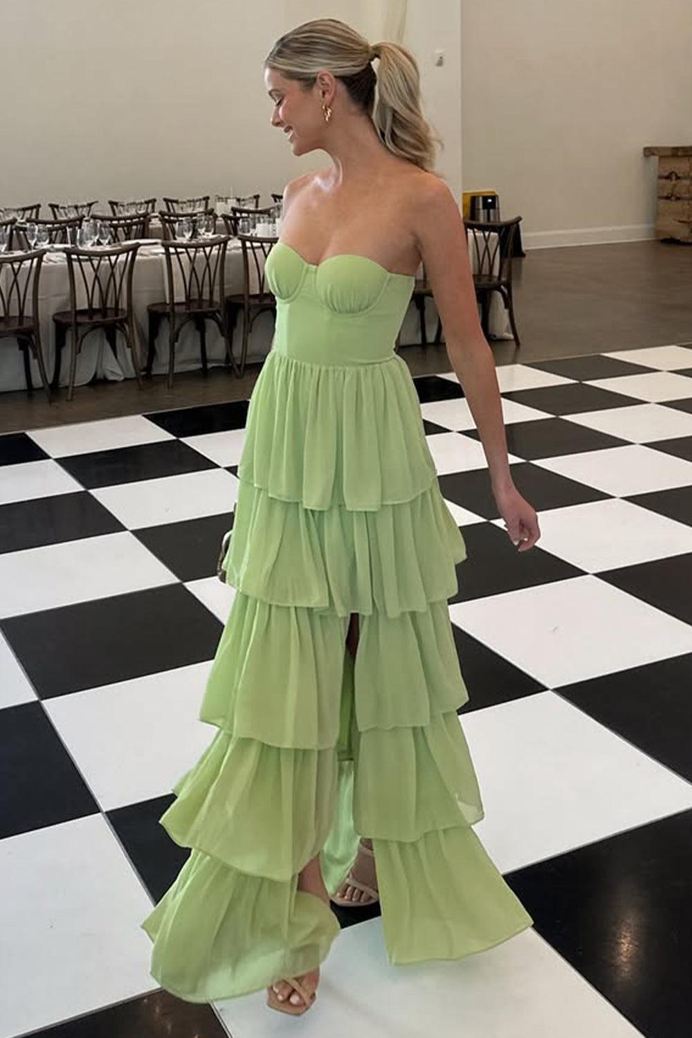 Sweetheart Light Green Layered Ruffle Evening Dress With Slit Formal Evening Gown