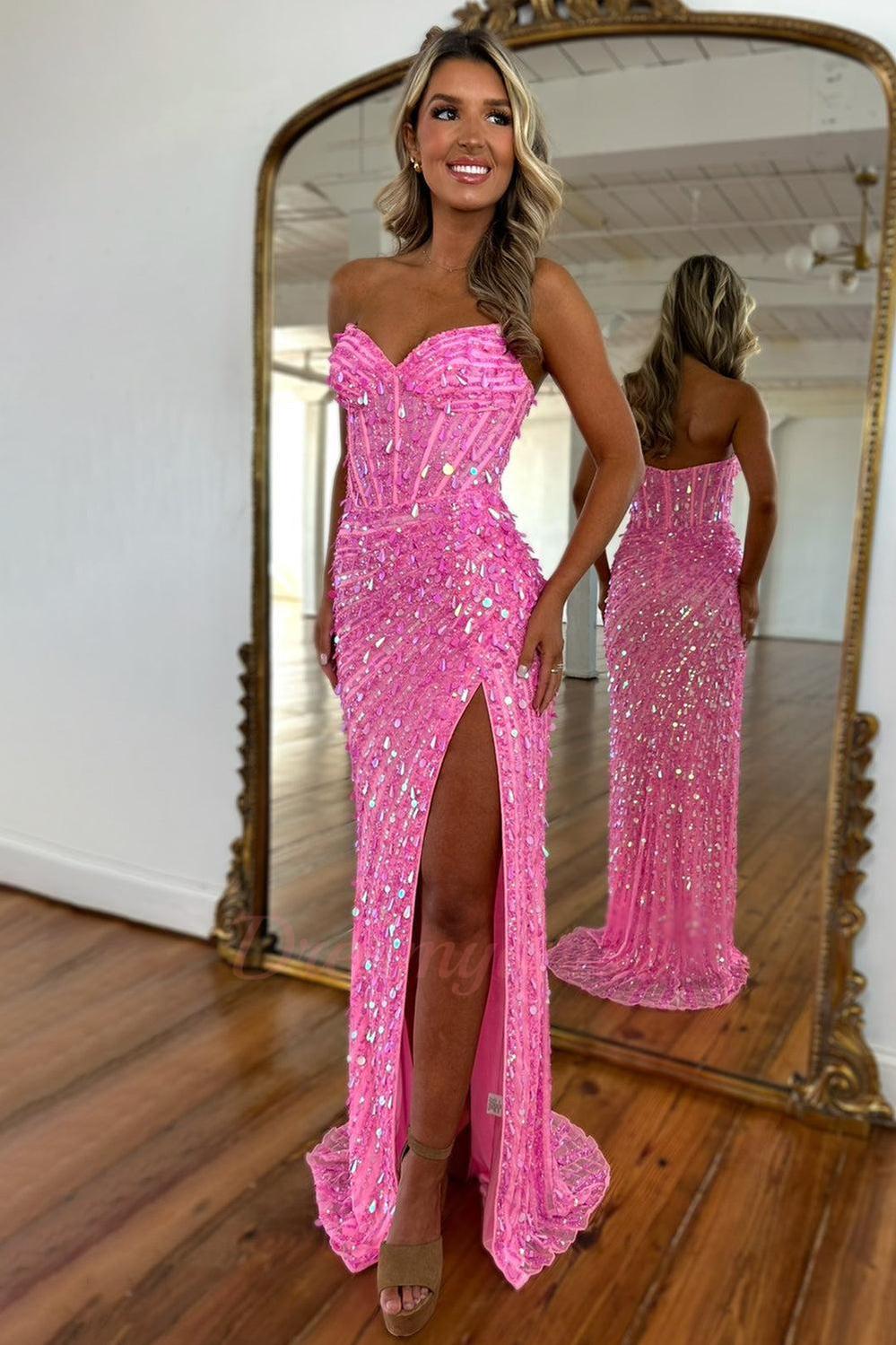 Dreamyannie Sweetheart Mermaid Sequined Prom Dress With High Slit Skirt  Formal Evening Gown