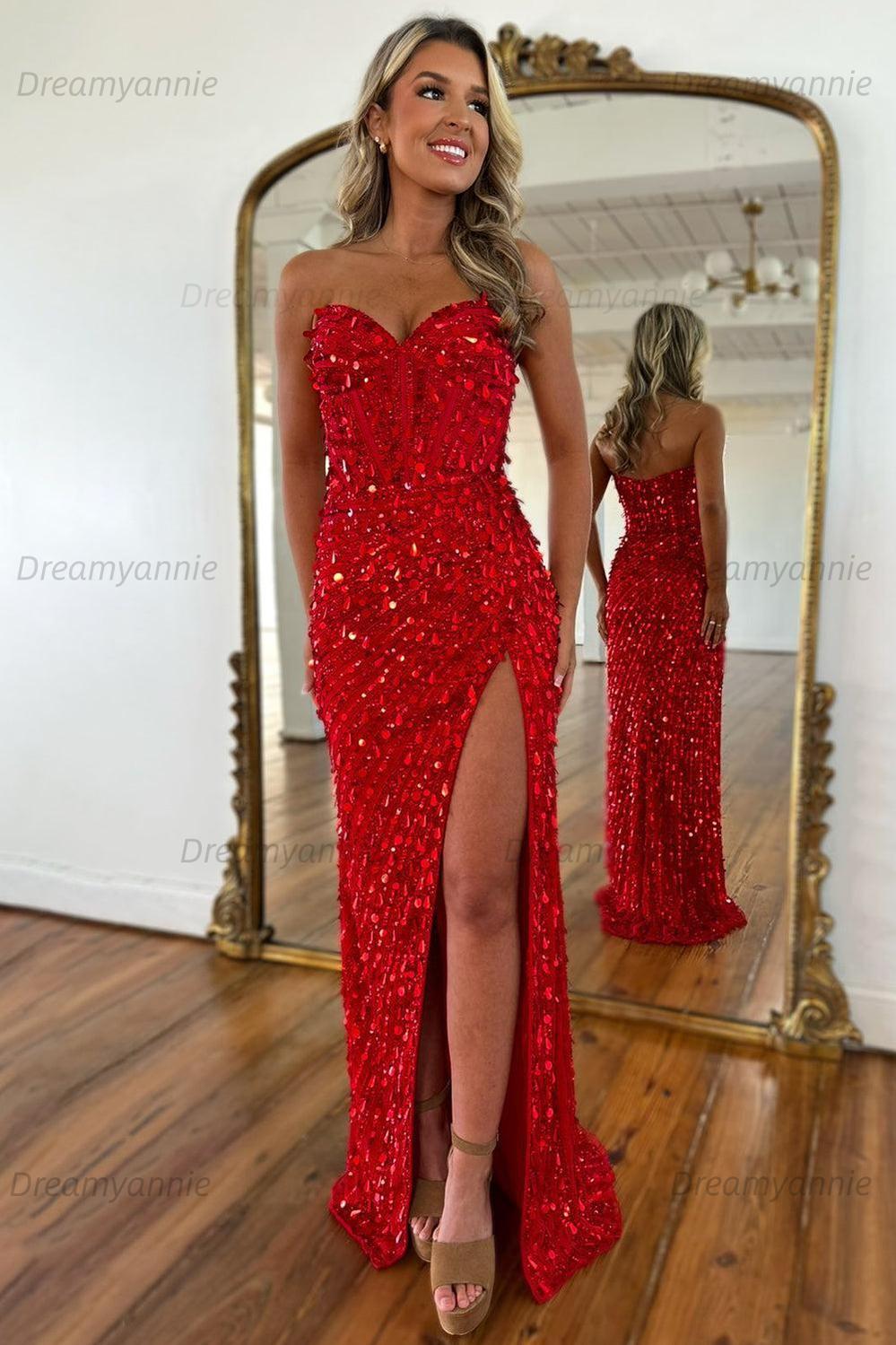 Sweetheart Mermaid Sequined Prom Dress With High Slit Skirt Formal Evening Gown