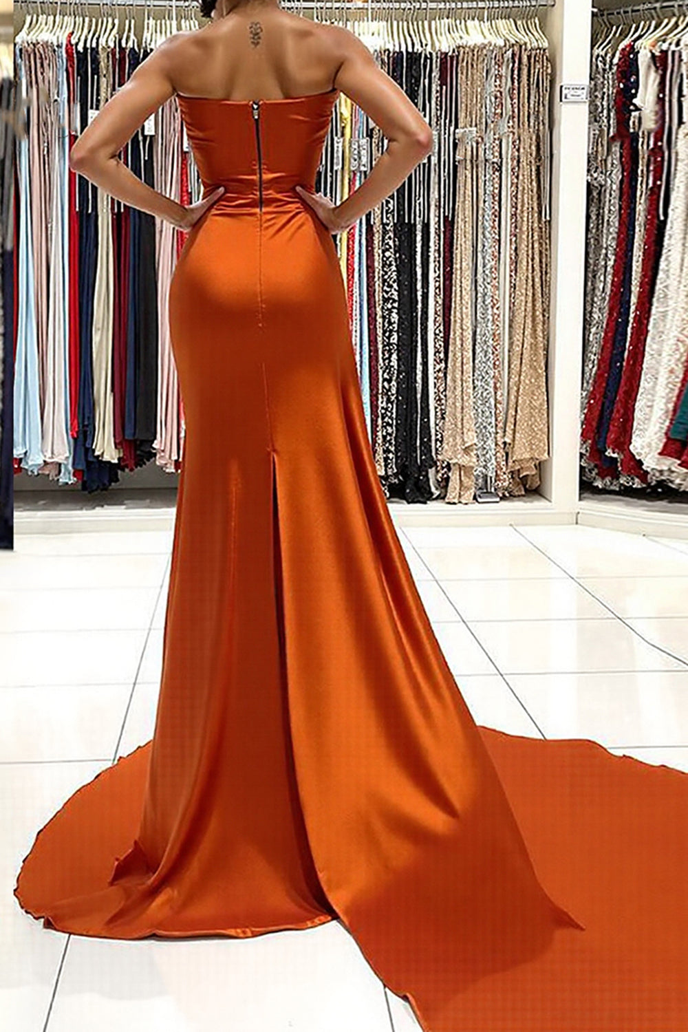 Sweetheart Orange Prom Dress Satin Long Side Cape Formal Dress With Slit