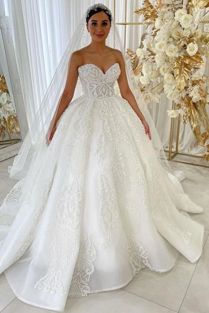 Sweetheart Princess A Line Wedding Dress Garden Lace Appliques Dress For Bride