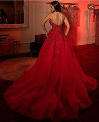 Sweetheart Prom Dress A Line Tulle Long Evening Dress with Sequined Lace Appliques