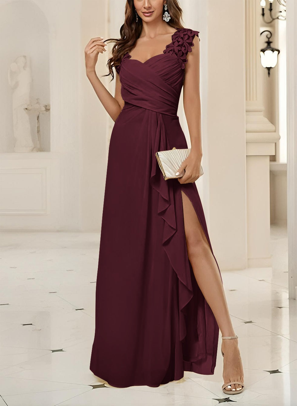 Sweetheart Sleeveless Floor Length Chiffon Bridesmaid Dress With Lace