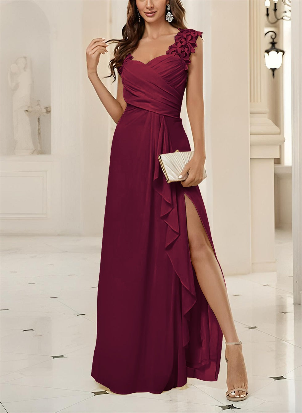 Sweetheart Sleeveless Floor Length Chiffon Bridesmaid Dress With Lace
