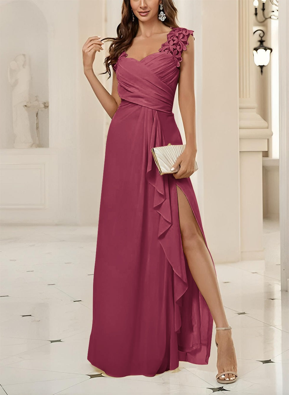 Sweetheart Sleeveless Floor Length Chiffon Bridesmaid Dress With Lace