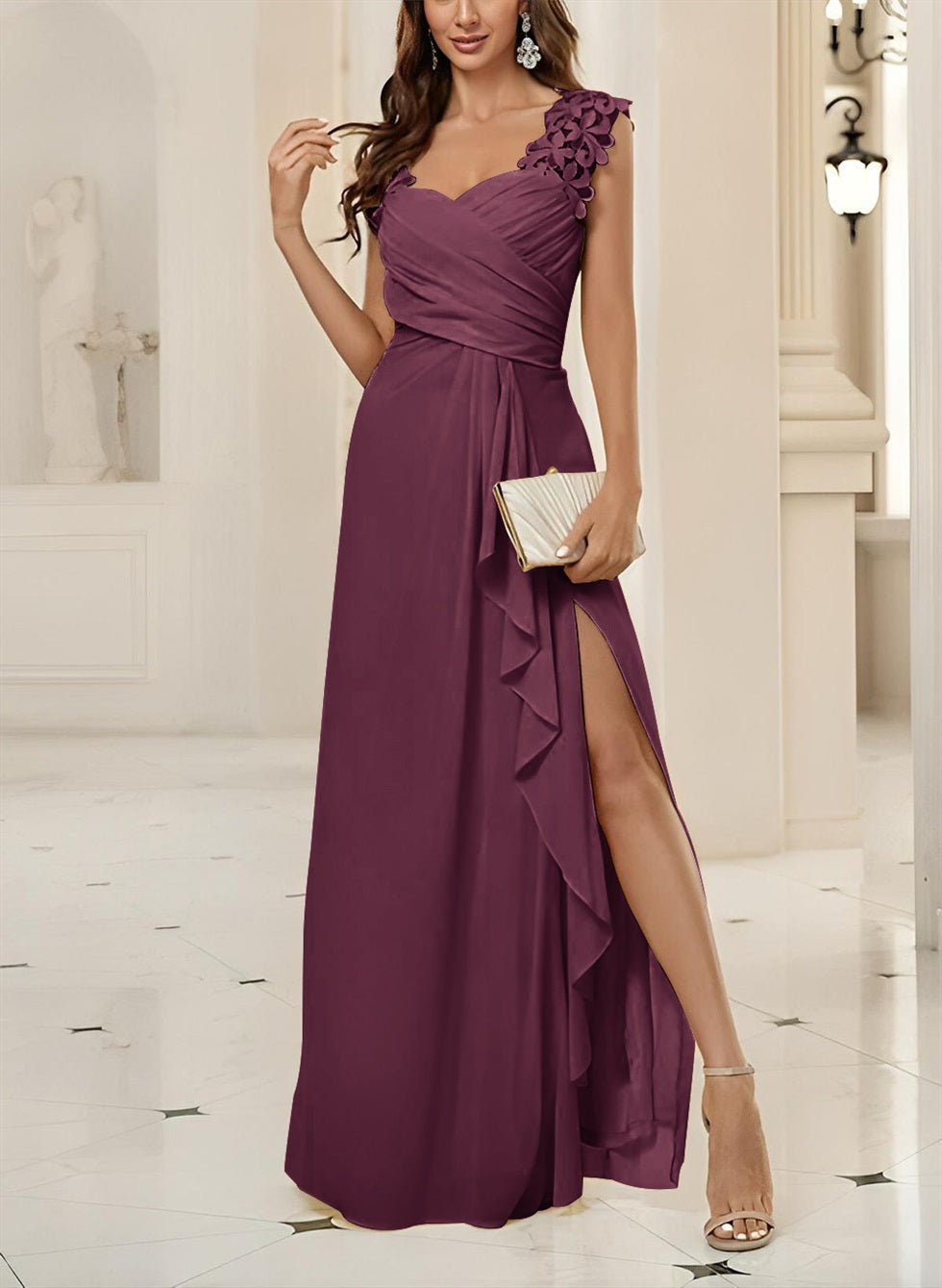 Sweetheart Sleeveless Floor Length Chiffon Bridesmaid Dress With Lace