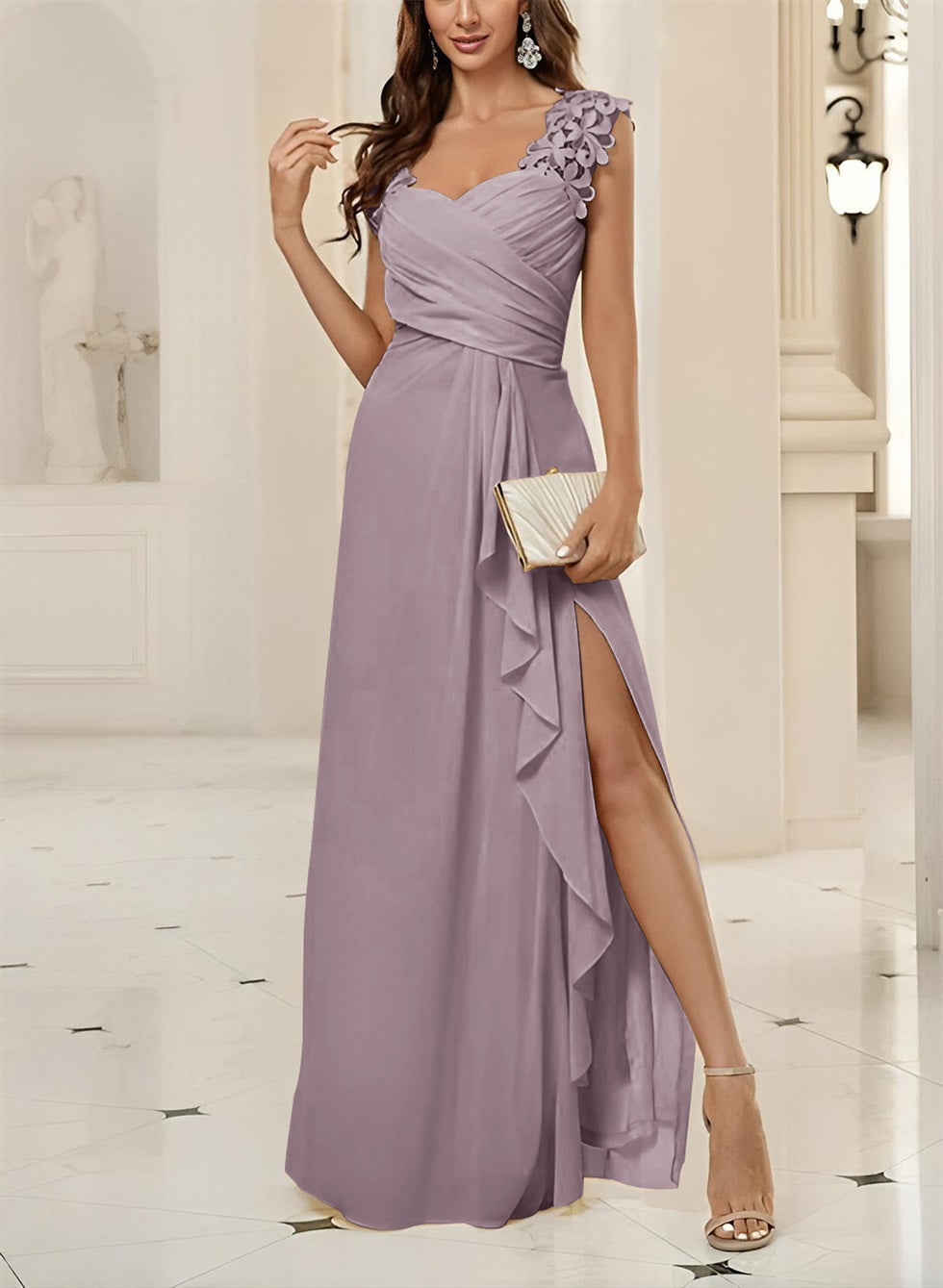 Sweetheart Sleeveless Floor Length Chiffon Bridesmaid Dress With Lace