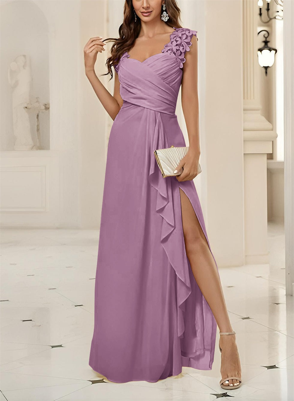 Sweetheart Sleeveless Floor Length Chiffon Bridesmaid Dress With Lace