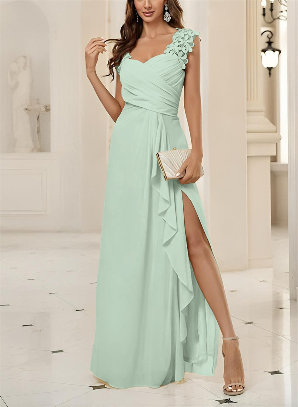 Sweetheart Sleeveless Floor Length Chiffon Bridesmaid Dress With Lace