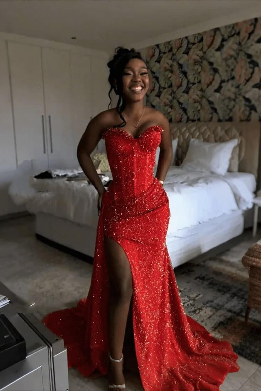Orange Mermaid Prom Dress Sleeveless Sweetheart Sequined Formal Dress